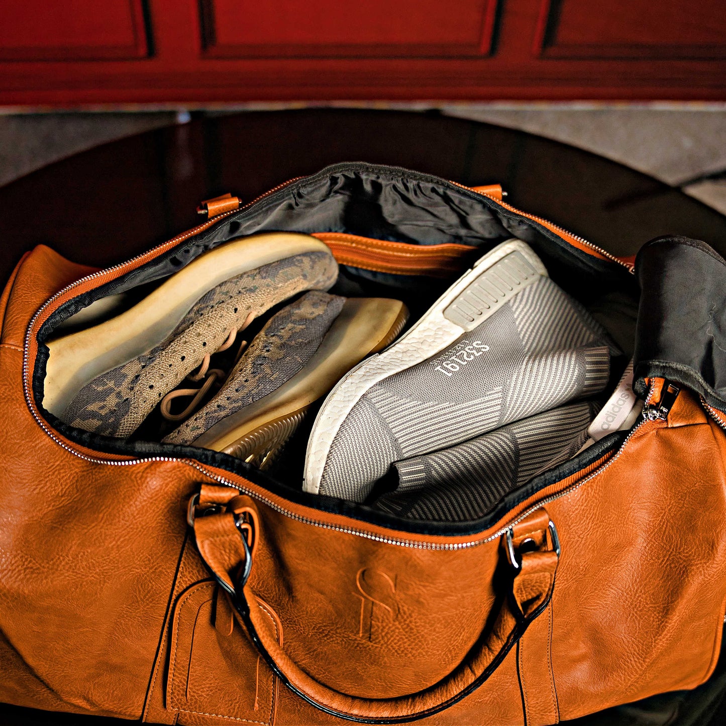Brown Tumbled Leather 2 Bag Set (Commuter Backpack and Duffle Bag)