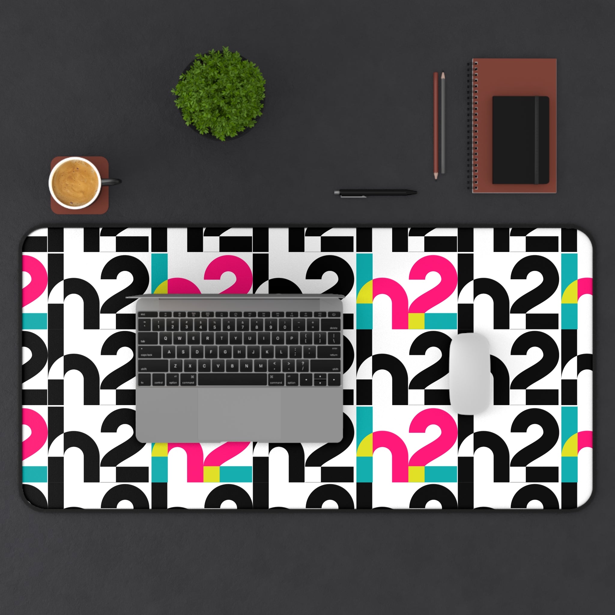 Retro Geometric Desk Mat — Bold 2 Pattern in Black, Cyan & Magenta